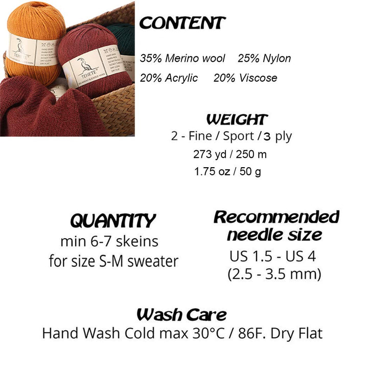 TEHETE Merino Wool Yarn for Knitting 3-Ply Soft Crochet