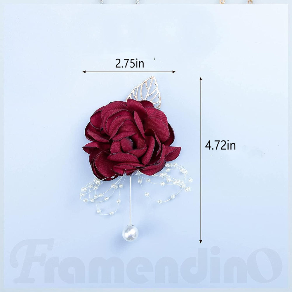 , 4 Pack Rose Pearl Bridal Burgundy Wine Red Brooch Corsage Boutonniere Set Bridesmaid Hand Flowers for Wedding Party Decoration