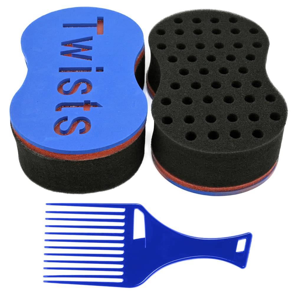 Hair Brush Sponge Twist Wave Barber Tool For Dreads Afro Locs Twist Curl Coil Black, 2 Pcs with 1 Pc Hair Pick