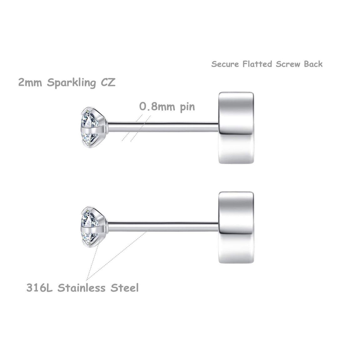 8 Pairs Tiny Flat Back Earrings for Women Men Surgical Stainless Steel Stud Earrings Set Cubic Zirconia Cartilage Earring Hypoallergenic (Silver, 2mm CZ)