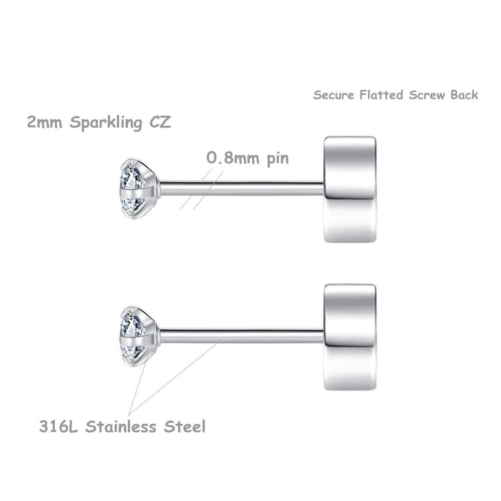 8 Pairs Tiny Flat Back Earrings for Women Men Surgical Stainless Steel Stud Earrings Set Cubic Zirconia Cartilage Earring Hypoallergenic (Silver, 2mm CZ)