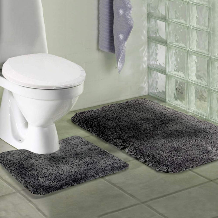 Shaggy 2 Piece Bath Rug Sets (Dark Grey) 20 x 24 U Shape Contour Rug &amp; 20 x 32 Bathroom Rug Machine Wash/Dry Bath Mats for Bathroom Plush Absorbent Bathroom Rugs and Mats Set Non Slip