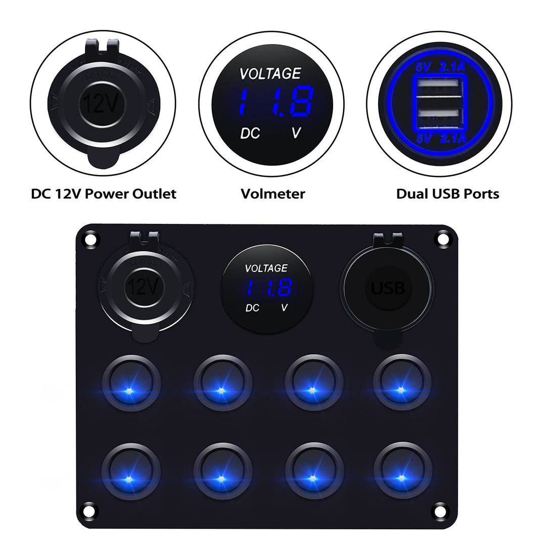 12v 8 Gang Waterproof Toggle Switch Panel, KAOLALI Marine Ignition Rocker Switch Panel USB ON-Off Toggle Switch Multi-Functions Panel for RV Car Boat Vehicle (Blue LED)