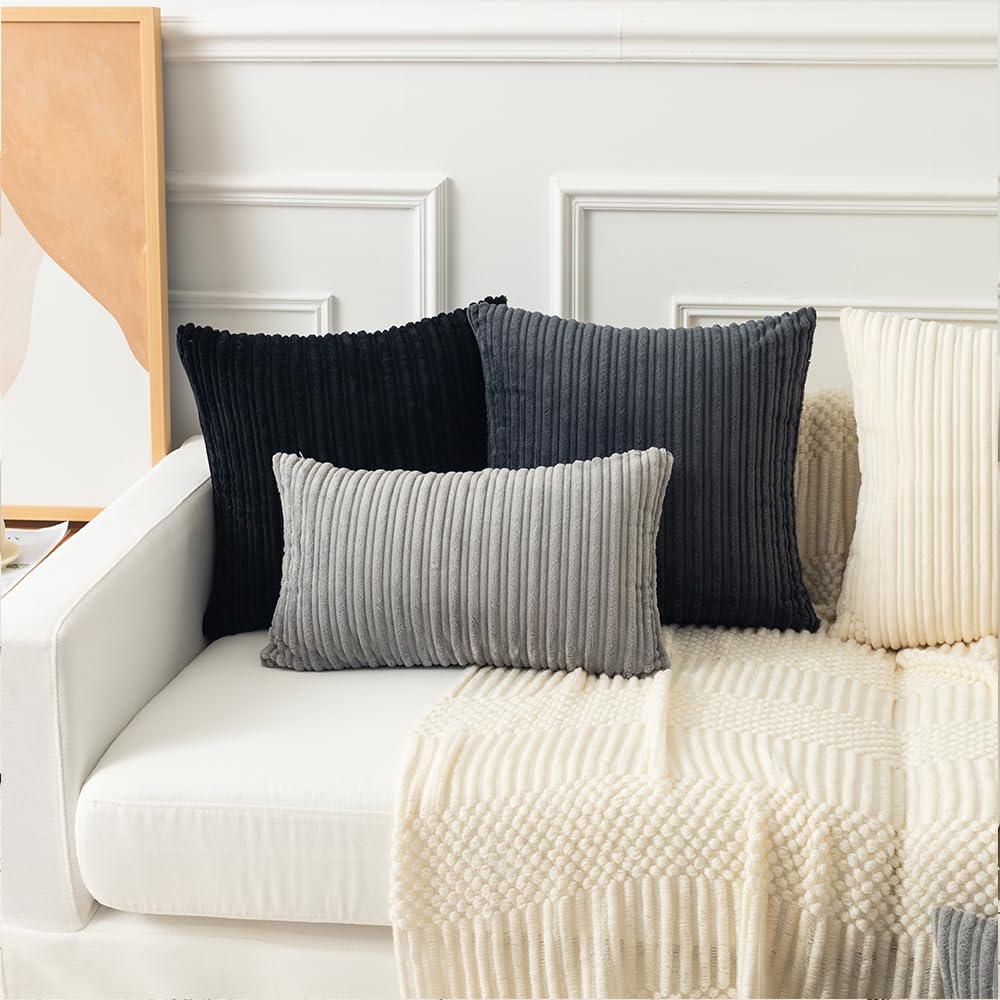 Kevin Textile Decorative Throw Pillow Covers Pack of 2 Corduroy Soft Soild Pillow Cases Square Outdoor Pillowcases for Cushion Couch Sofa Bedroom Living Room 16 x 16 Inch, Black