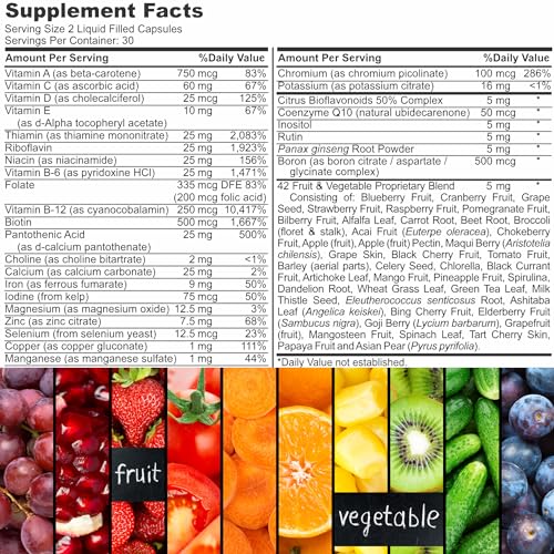 Iman Vitamins Halal Complete Multivitamin Capsules for Adults Men & Women | 42 Fruit & Vegetable Blend with Iron, Zinc, CoQ10, Folic Acid, and Vitamin A, B1, B3, B6, B12, C, D3, E | 60 Count