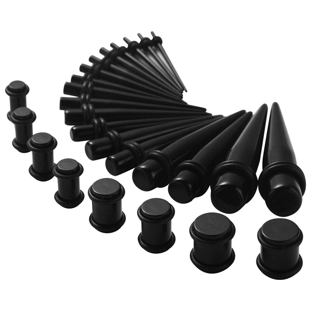 Acrylic Ear Stretching Kit Tapers Plugs Silicone Tunnels Gauges Expander 14G-00G Jewelry 50 Pieces Set (black)