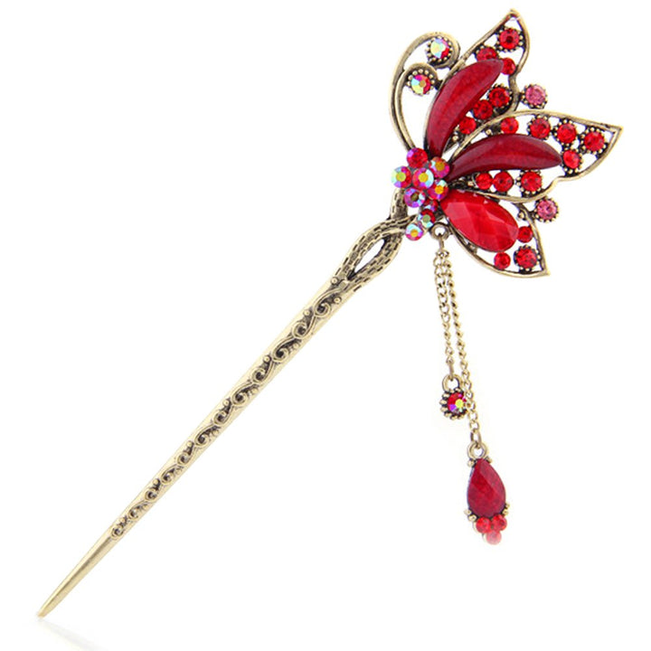 Fashion Long Hair Decor Chinese Traditional Style Women Girls Hair Stick Hairpin Hair Making Accessory with Butterfly, Red
