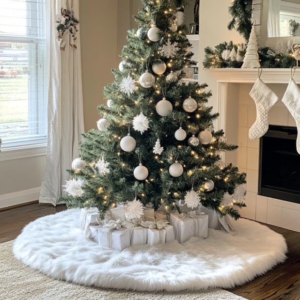 AOGU 48 Inch Faux Fur Christmas Tree Skirt White Plush 