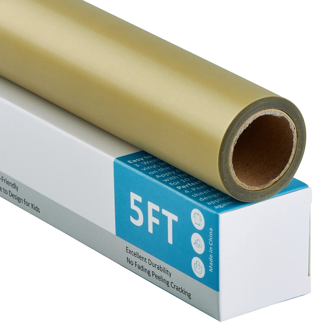 Heat Transfer Vinyl Roll 12&#39;&#39;x5 feet Heat Press Vinyl for T-Shirts, HTV Vinyl for Cricut, Iron On Vinyl Easy to Cut &amp; Weed, Iron On Transfers Vinyl Heat Transfer for Silhouette, HTV Vinyl Rolls, Gold