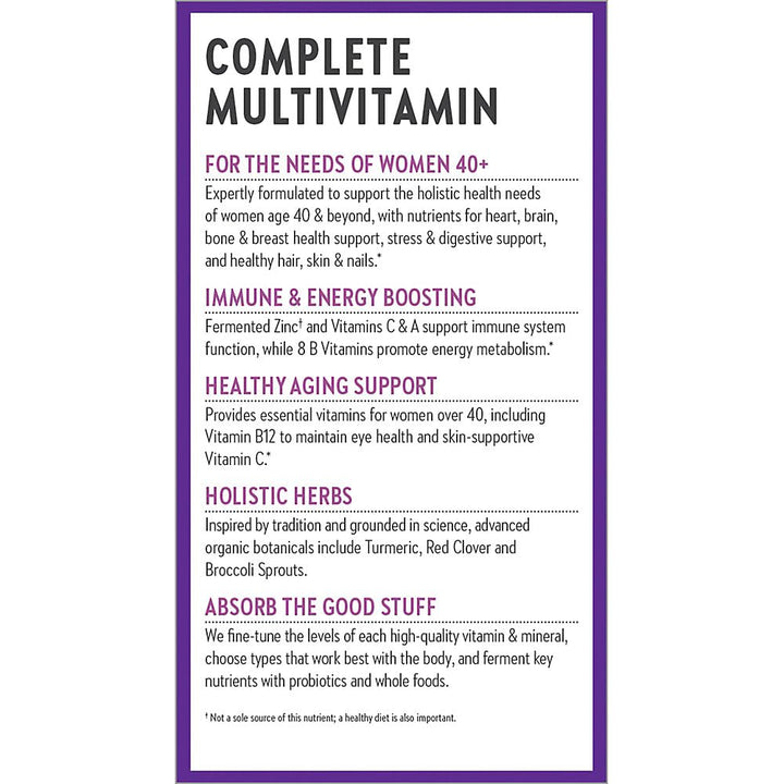Women&#39;s Multivitamin, Every Woman&#39;s One Daily 40+, Fermented with Probiotics + Vitamin D3 + B Vitamins + Organic Non-GMO Ingredients - 24 Count
