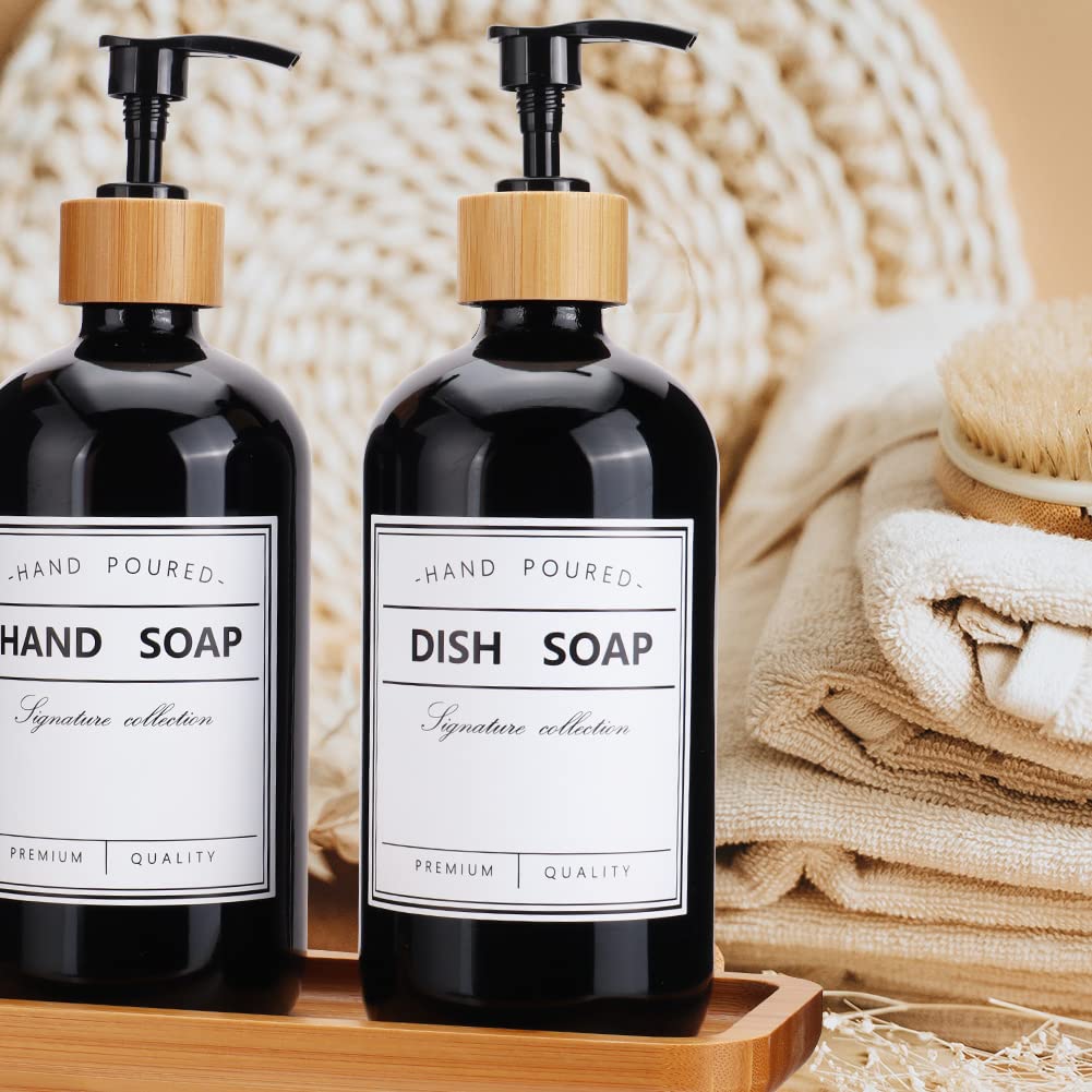 Black Glass Soap Dispenser with Pump 16oz Bottle Set of 2 and Bamboo Tray | Vintage Soap Dispenser with Waterproof Labels Bathroom and Kitchen Set
