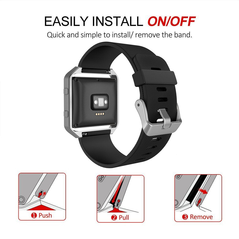 Sport Band Compatible with Fitbit Blaze Smartwatch Sport Fitness, Silicone Wrist Band with Meatl Frame Replacement for Fitbit Blaze Men Women, Large, Black Band+Silver Frame
