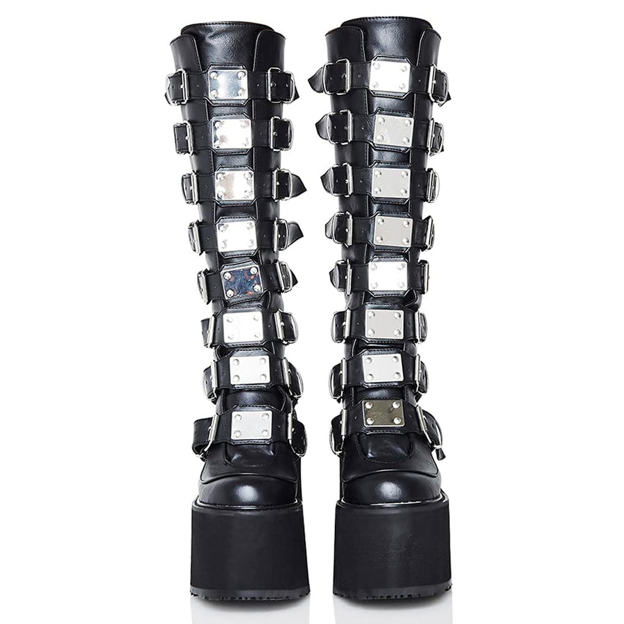 Womens Chunky Platform Knee High Boots High Heel Round-Toe Zip Punk Goth Mid Calf Combat Boots For Women
