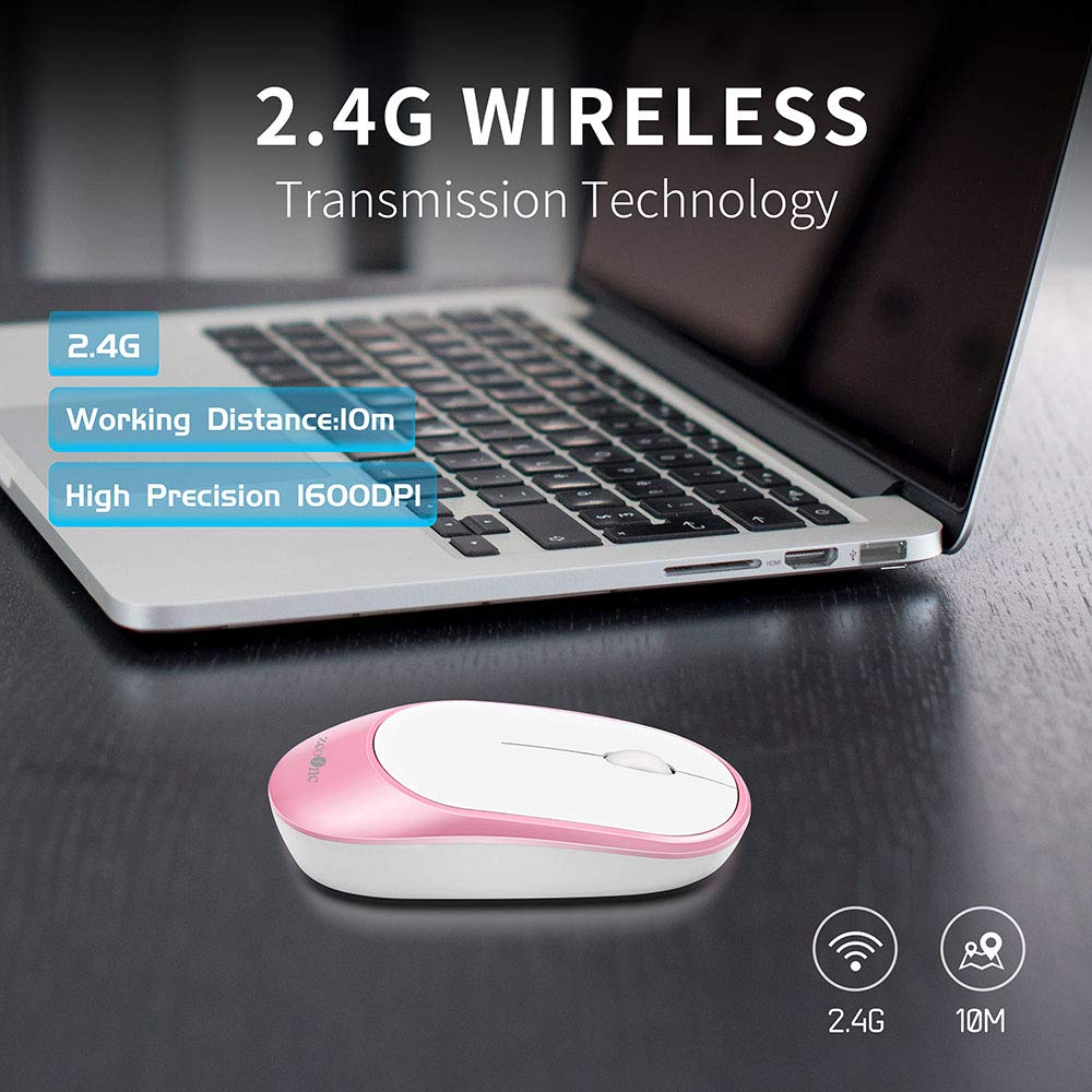 Slim Wireless Mouse, Computer Mouse 2.4G Silent Click Cordless Optical Mice with USB Receiver for Laptop, MacBook, Desktop, PC, Notebook- White and Pink