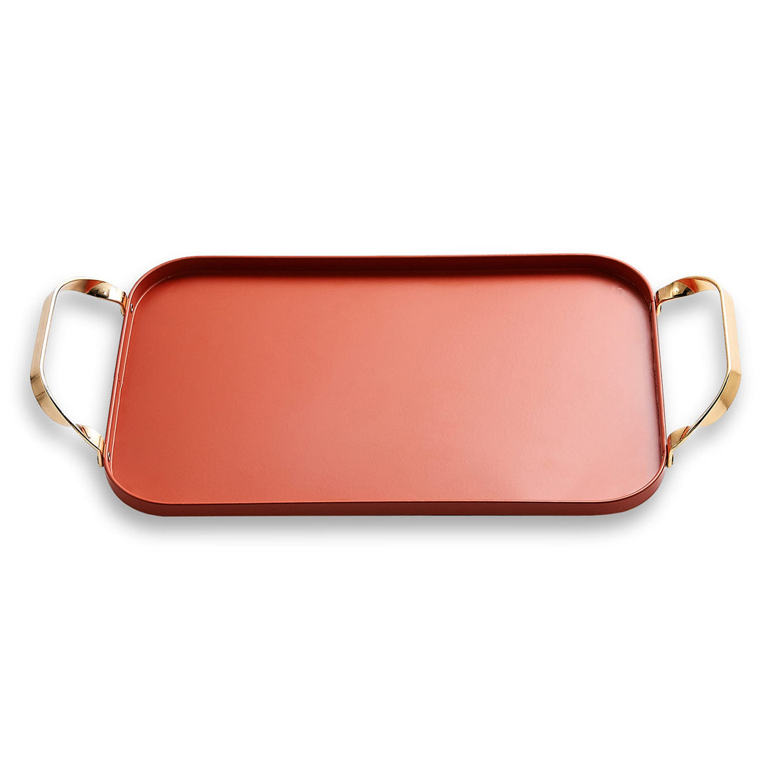 Decorative Serving Tray - Metal Serving Tray with Handles, Decorative Trays for Coffee Table, Home Decor, Vanity, Jewerly, Perfume and Make up - Bar Liquor Display with Gold Accents-Orange