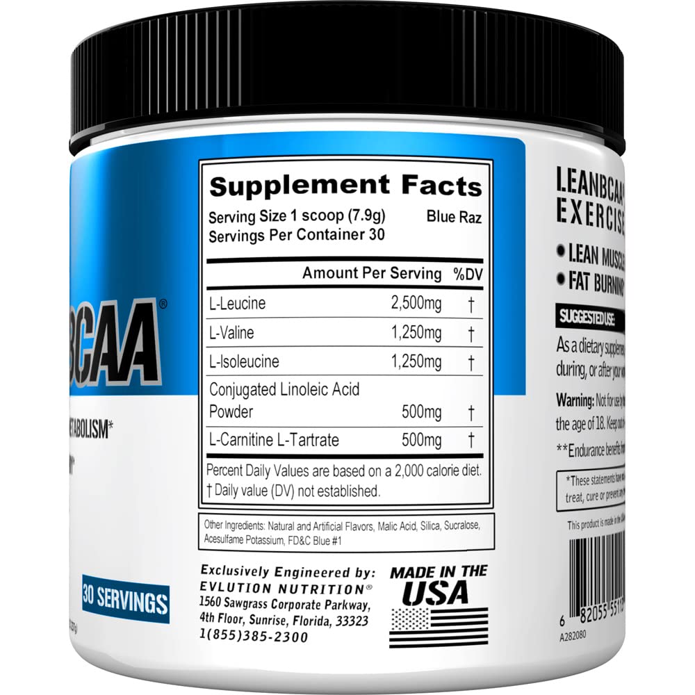 Stimulant Free Lean BCAA Powder Nutrition BCAAs Amino Acids Powder with CLA Carnitine and 2:1:1 Branched Chain Amino Acids Supports Muscle Recovery Fat Burn and Metabolism - Blue Raz