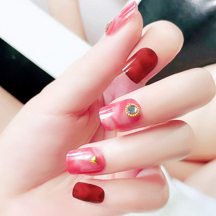False Nails Bling Rhinestone Pink Marble Full Cover Acrylic Fake Nails Fashion Party Clip on Nails for Women and Girls