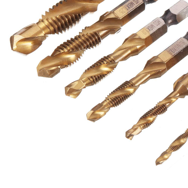 6Pcs Titanium Combination Drill and Tap Bit Set, Metric Drill Tap Bits Screw Tapping Bit Tool 1/4 Hex Shank 3 Functions in 1