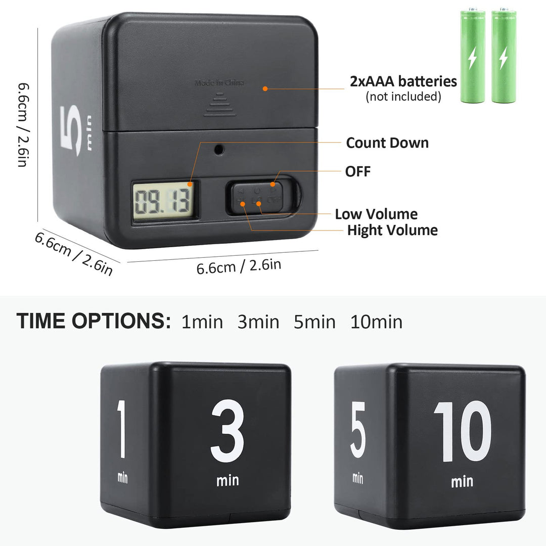 Cube Timer, Kid Focus Study Timer Kitchen Work Timer Time Block Cube Gravity Flip Time Block Cube 1-3-5-10 Minutes Time Management, Black