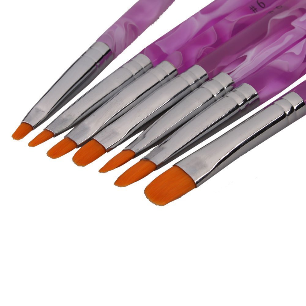 7Pcs UV Gel Acrylic Nail Art Painting Detailing Brushes + 5 X 2 Way Marbleizing Dotting Pen Set purple AD