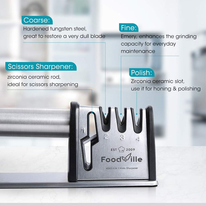 KS04 Knife Sharpener for Kitchen Knife Pocket Knife Hunting Knives Including Straight and Serrated Blades and Scissors (3 Slots) (Silver)