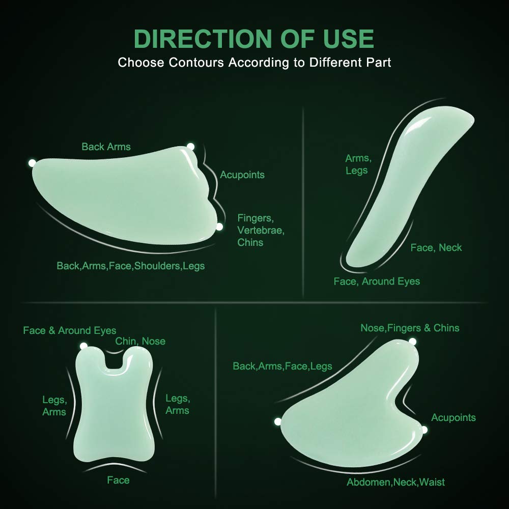 Guasha Massage Tool,Natural Jade Gua Sha Board, 4PCS Gu