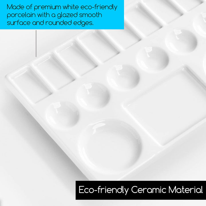 Ceramic Watercolor Palette,17-Well White Porcelain Mixing Tray Artist Painting Palette, Rectangle Painting Tray Palettes for Watercolor Gouache Acrylic Painting 9 x 6.5