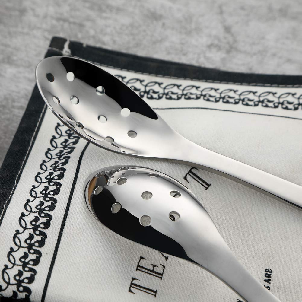 Small Slotted Spoons,Modern Stylish Thick Heavy-weight Short handle Stainless Steel 10 Holes Durable Caviar Spoon for Soup Cereals Dips Curry Sauces Stews, Set of 2