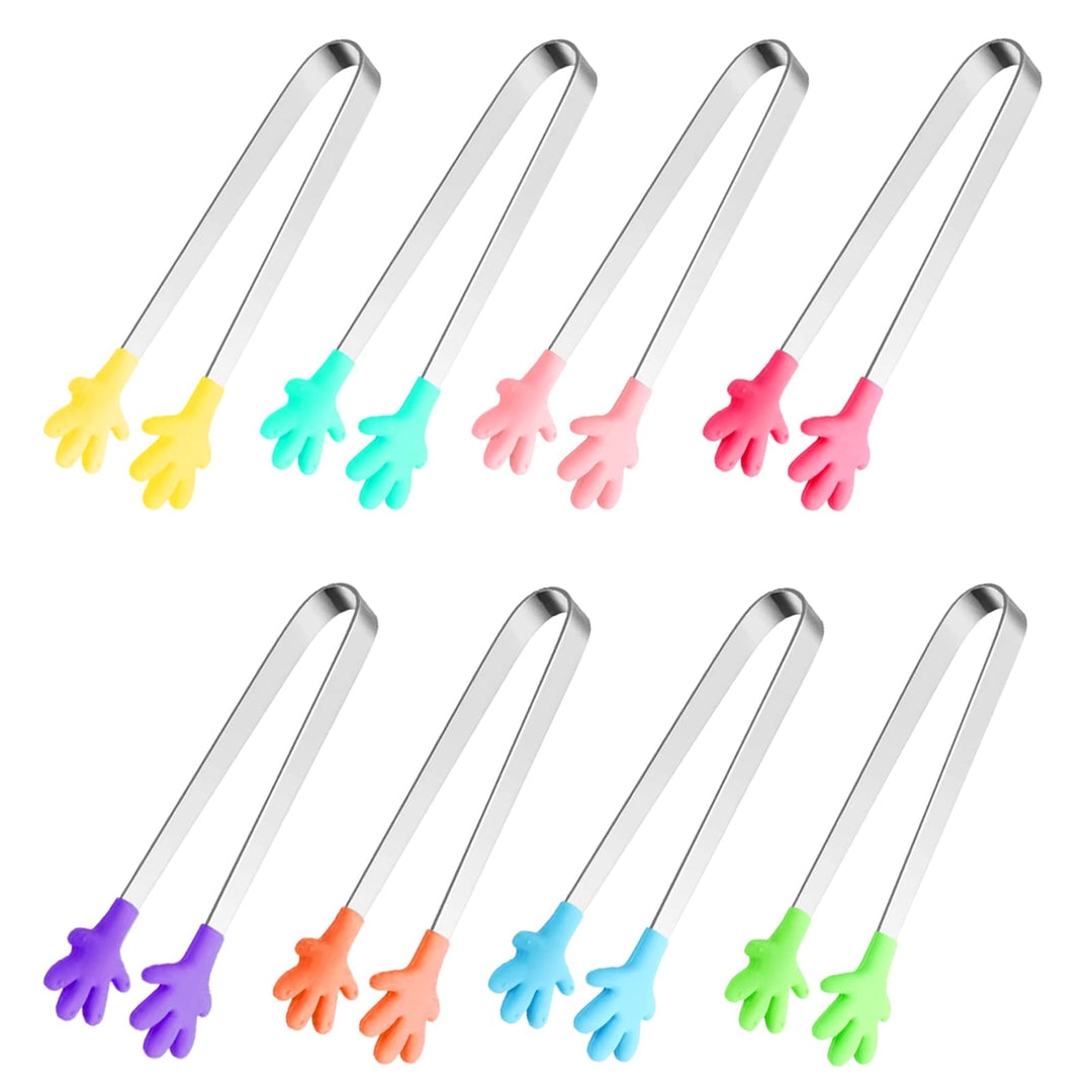 8PCS Silicone Mini Tongs, 5Inch Hand Shape Food Tongs, Colourful Small Kids Tongs for Serving Food, Ice Cube, fruits, Sugar, Barbecue (Palm sharp)
