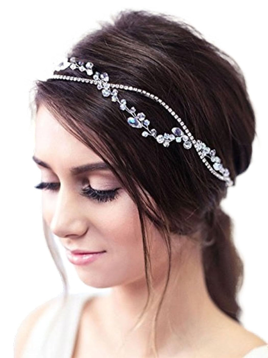 Wedding Hair Vine with Ribbon Headband Silver Rhinestone Chain Crystal Wreath Crown Bridal Flower Vine Accessories Wedding Hairstyle for Bride and Bridesmaid - 15.74inches