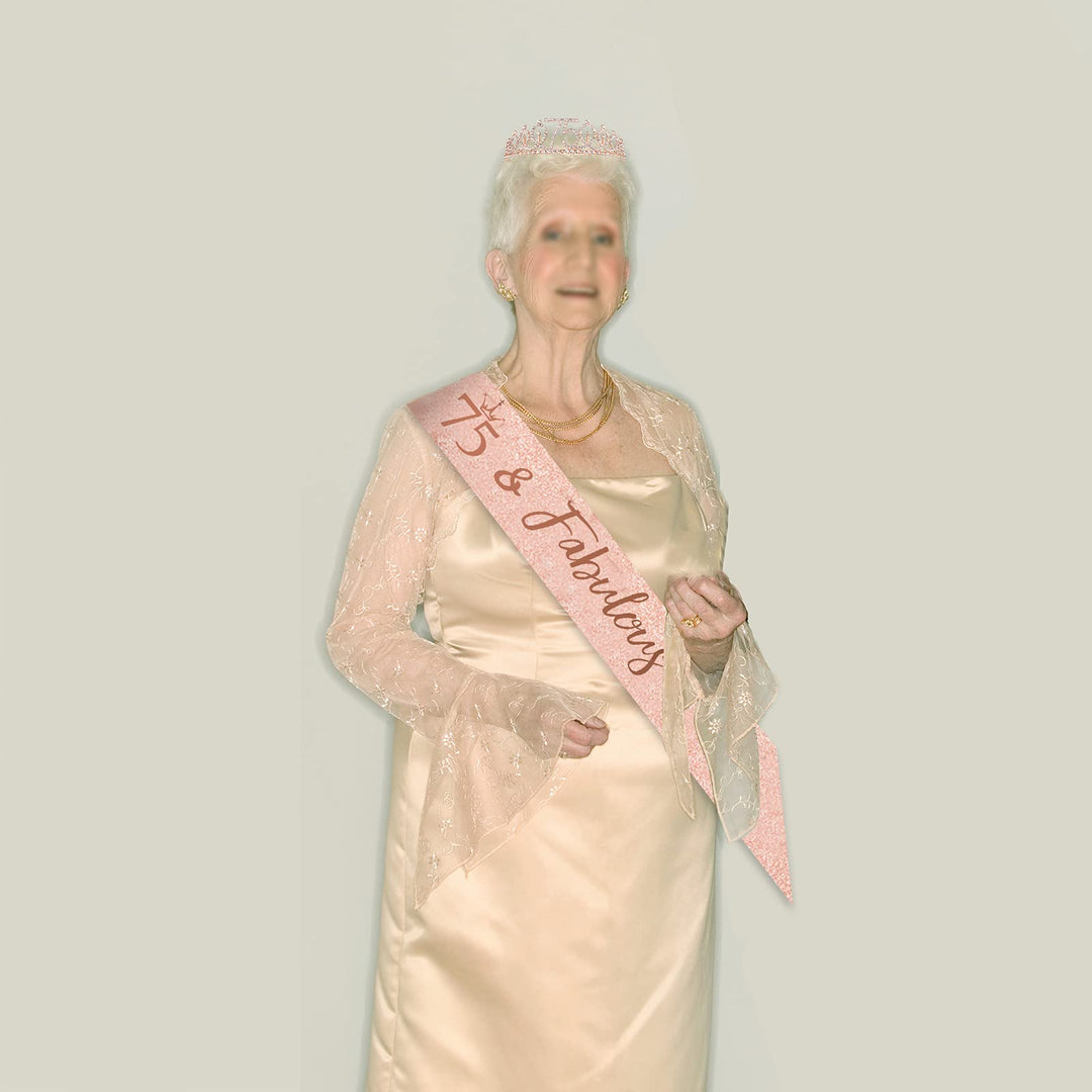 75th Birthday Sash and Tiara for Women, Rose Gold Birthday Sash Crown 75 &amp; Fabulous Sash and Tiara for Women, 75th Birthday Gifts for Happy 75th Birthday Party Favor Supplies