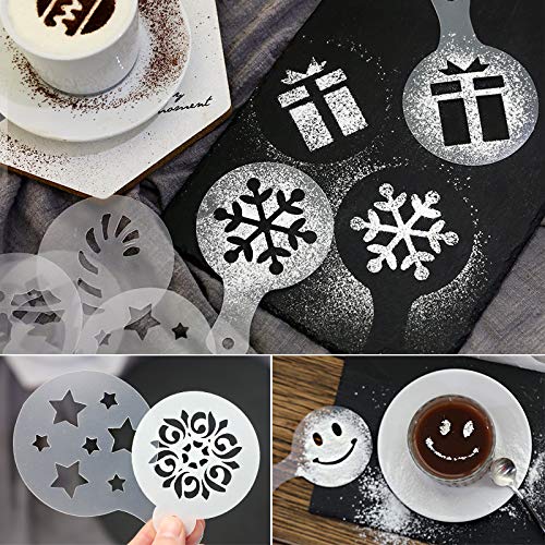 44 Cookie Stencils+2 Mesh Powder Shakers+1 Coffee Latte Art Pen, Cake Stencils Coffee Decoration Stencils Coffee Art Templates Coffee Mold Tool for Christmas Thanksgiving Cake Coffee