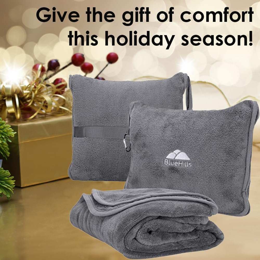 Premium Soft Travel Blanket Pillow Airplane Flight Blanket Throw Bag Pillowcase Compact Large Blanket 2 in 1 Combo Warm Traveling Plane Essentials Portable Gifts Lightweight Grey Gray T007