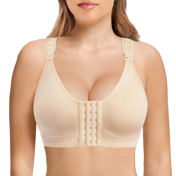 Women Post Surgery Bra Front Closure Sport Bra Removable Pads Wirefree (Nude, Large)