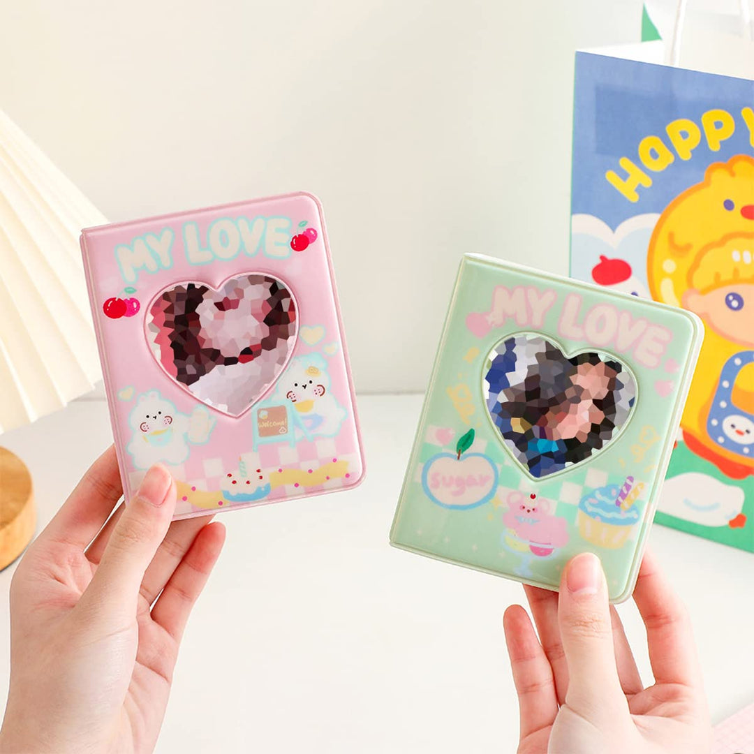 3 Inch Kpop Photocard Holder Book, Mini Photocard Binder with 40 Pockets, Cute Photo Album with Love Heart Hollow, Photocard Id Holder (Green)