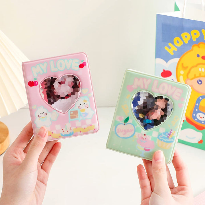 3 Inch Kpop Photocard Holder Book, Mini Photocard Binder with 40 Pockets, Cute Photo Album with Love Heart Hollow, Photocard Id Holder (Green)