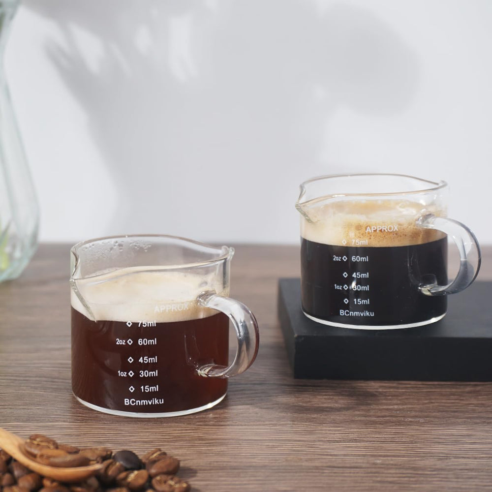 2 Pack 75ML/2.5OZ Double Spouts Measuring Triple Pitcher Milk Cup with Handle Espresso Shot Glasses Parts Glass