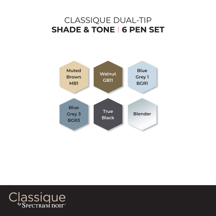 Spectrum Noir Classique Blend Alcohol Marker Dual Nib Pens Set-Shade &amp; Tone-Pack of 6