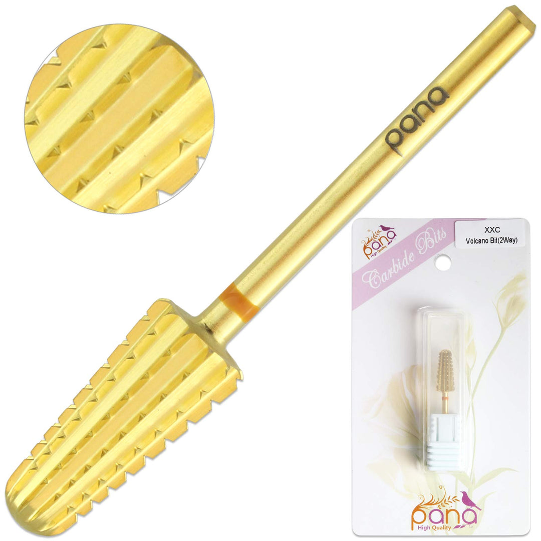 Upgraded PANA Volcano Nail Carbide Bit - Two Way Rotate use for Both Left and Right Handed use - Fastest remove Acrylic or Gel – For Manicure Drill Machine - 3/32 (Double Coarse - 2XC, GOLD)
