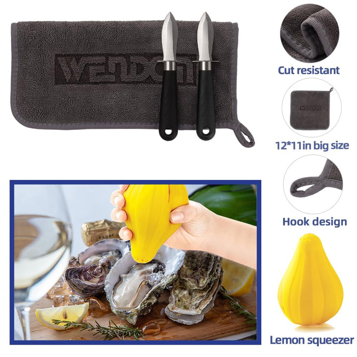 Oyster Knife Shucker Set Oyster Shucking Knife and Gloves Cut Resistant Level 5 Protection Seafood Opener Kit Tools Gift(2knifes+2Glove+1Cloth)