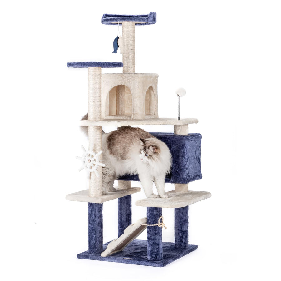 HYABi 53 Inch Ocean Theme Cat Tree Tower, Multi-Level Cat Furniture with Cozy Condo, Scratch Posts, Toy Ball, Luxury Apartment Playhouse for Indoor Cats