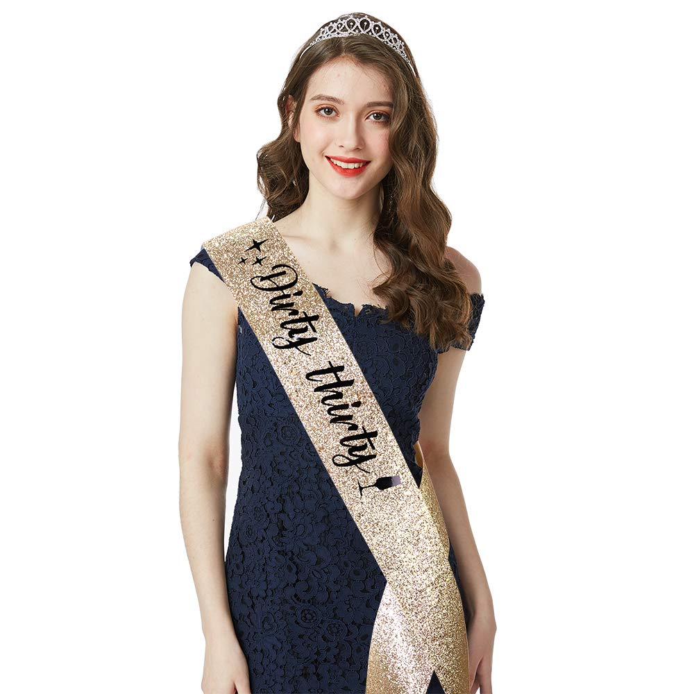 Dirty Thirty Sash & Rhinestone Tiara Set - 30th Birthday Gifts Birthday Sash for Women Fun Party Favors Birthday Party Supplies (Gold Glitter with Black Lettering)