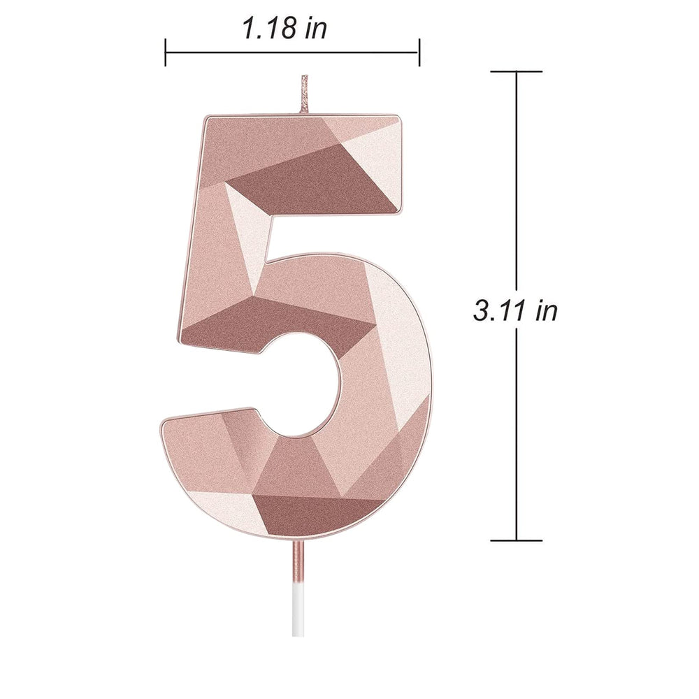 2.76 Inches Birthday Cake Number Candle, 3D Diamond Shape Glitter Numeral Topper Decoration for Wedding Anniversary, Home Baking,Kids and Adults Birthday Party Celebration (Rose Gold, 5)