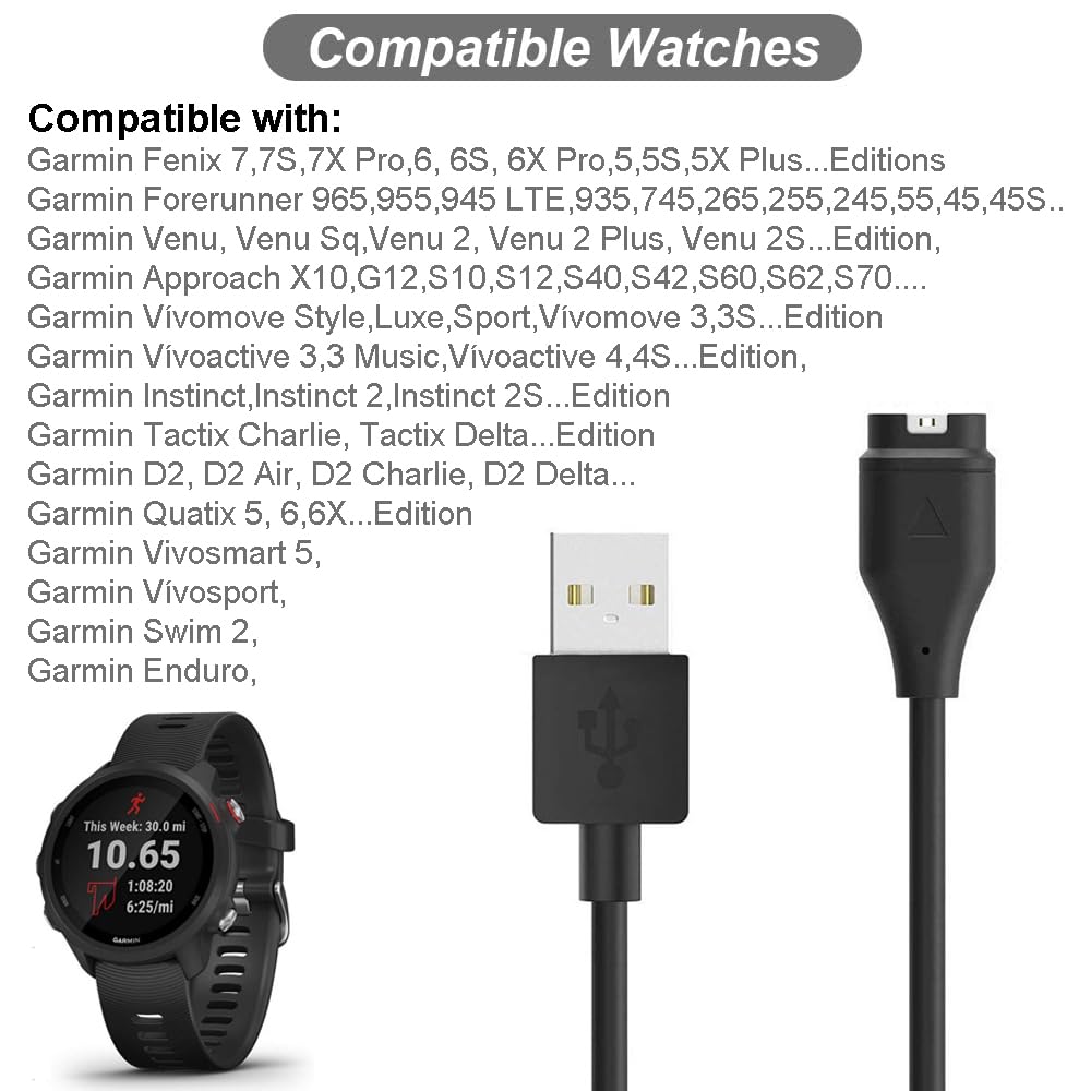 Charger for Garmin Forerunner 45 55 245 255 265 745 945 955 965, Approach S10 S12 S40 S42 S60 S70, Vivoactive 3 4 4S, Instinct, Venu 2 2S Plus, Fenix 7 7S 7X 6 5 Charging Cable [2Pack, 3.3ft/1m] (2)