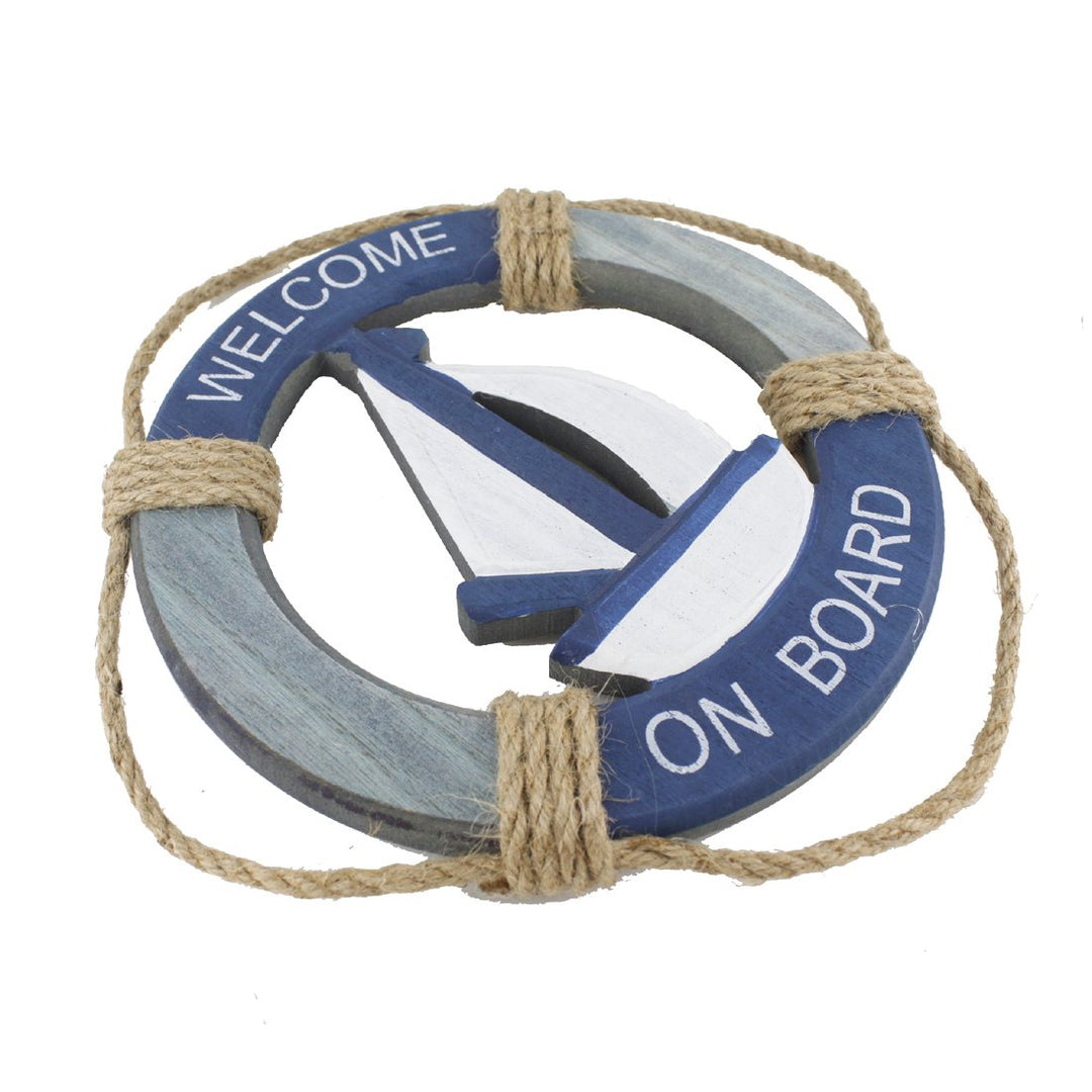 Wooden Nautical Life Ring Wall and Door Hanging Ornament Plaque,Welcome On Board,11.6x8 Welcome Sign (Antique Sailboat)
