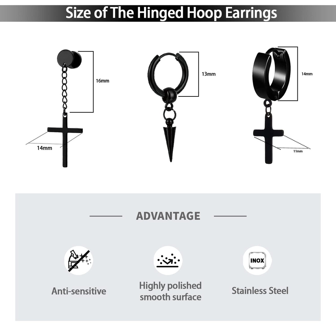 16 Pairs Men Earrings Set - Black Stainless Steel Cross Dangle Hoop &amp; Ear Stud Fashion Piercing Jewelry for Birthdays, Parties &amp; More