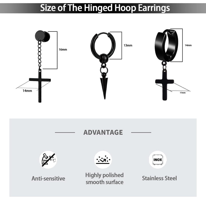 16 Pairs Men Earrings Set - Black Stainless Steel Cross Dangle Hoop &amp; Ear Stud Fashion Piercing Jewelry for Birthdays, Parties &amp; More
