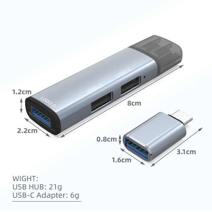 USB 3.0 Hub Splitter, 3-Port Data USB Hub Extender with USB C Adapter Applicable for iMac Pro, MacBook Air, Mac Mini/Pro, Surface Pro, Notebook PC, Laptop, USB Flash Drive, grey (106)