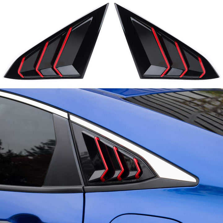 for 10th Gen Civic Rear Side Window Louvers Racing Style Triangular Window Glass Blinds Compatible with Honda Civic Sedan 2021 2020 2019 2018 2017 2016 -Piano Black with Red Trim