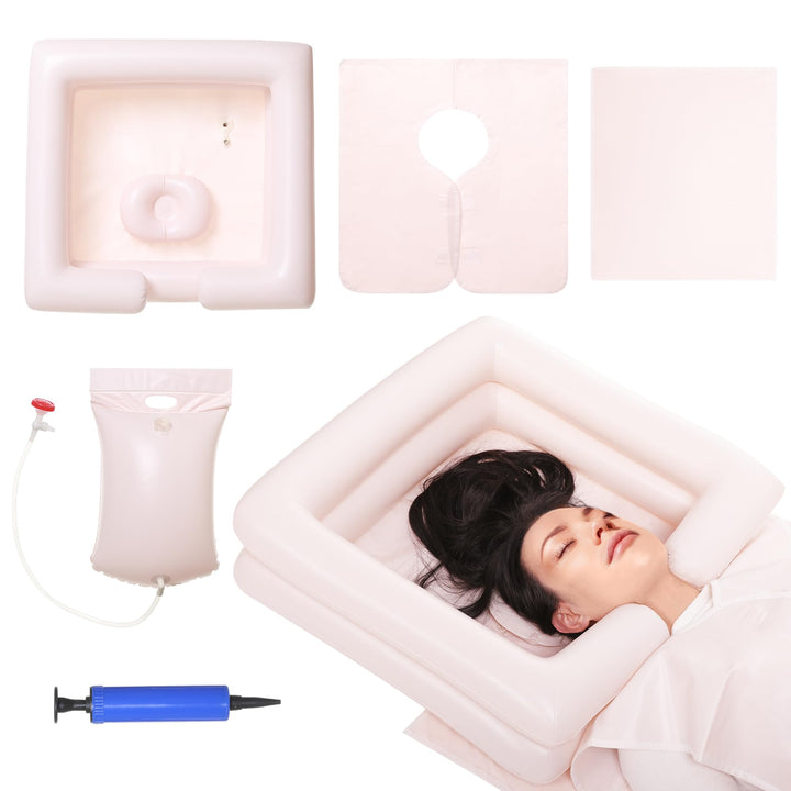 Inflatable Bedside Shampoo Set with Water Bag and Waterproof Shawl. Wash Hair in Bed for Children, the Elderly, Pregnant Women, Post-surgery or Bedridden Patients. Water Bag Capacity 2.1 Gallons (8L)